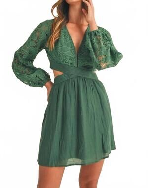 NEW MABLE long sleeve deep v-neck mini dress in green